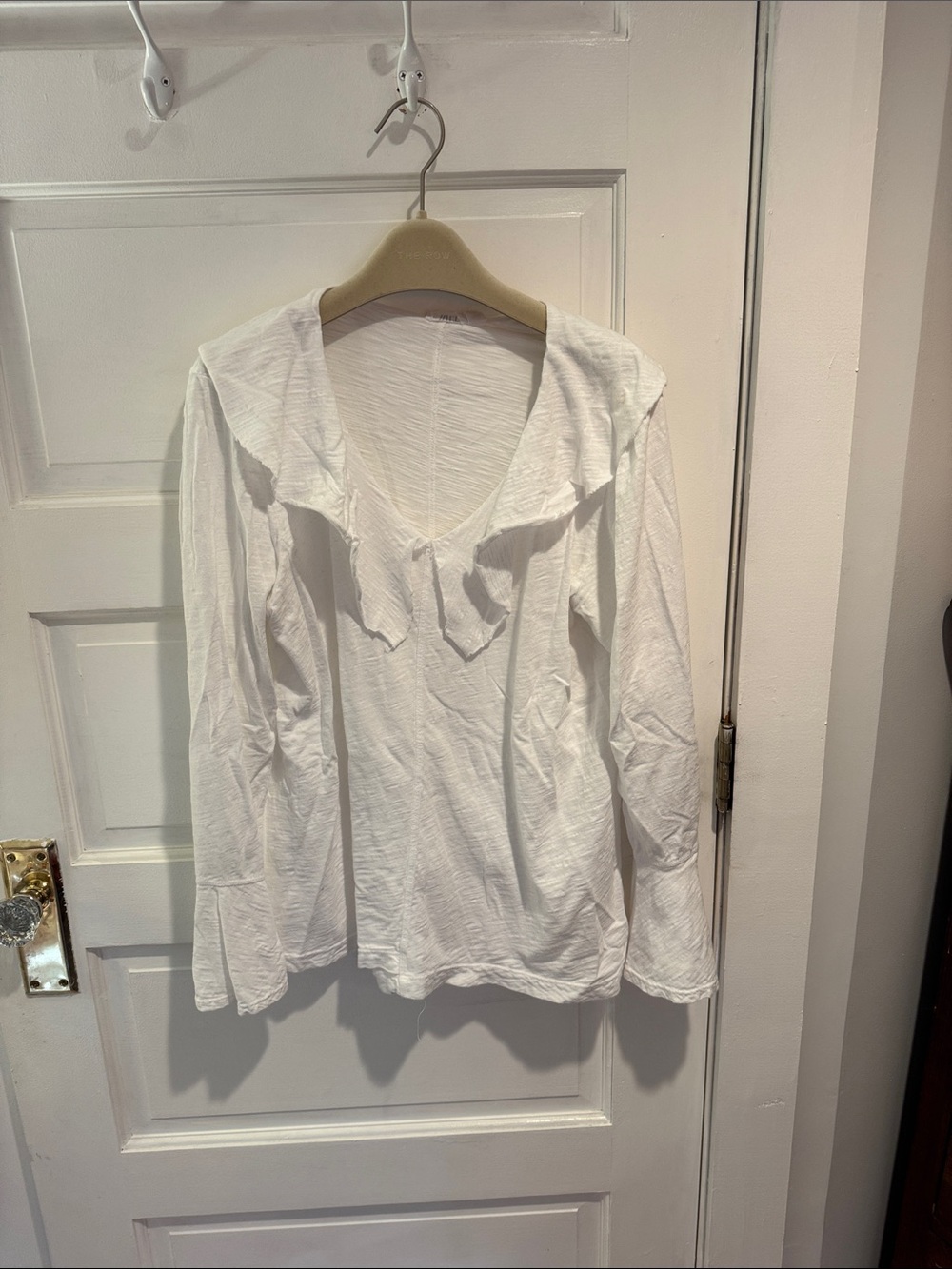 Women's White Long-Sleeve V-Neck Shirt with Sailor Collar